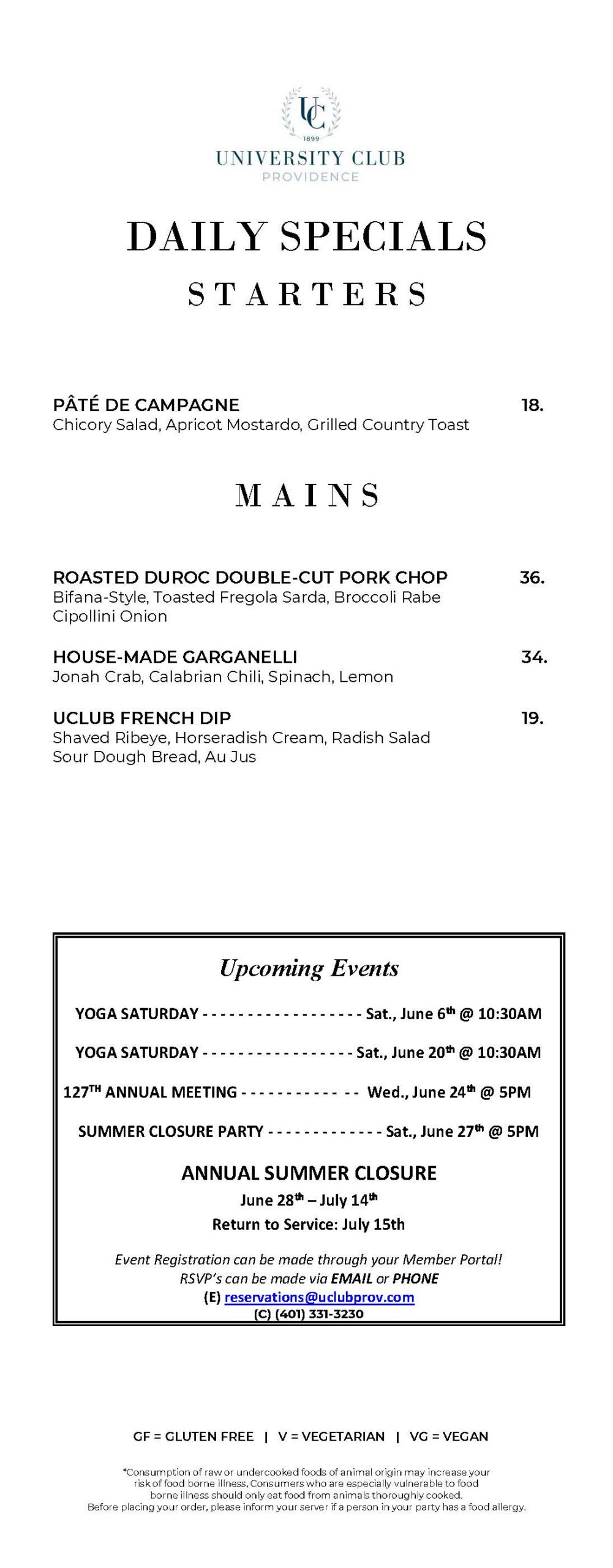 University Club dinner menu, June 24, 2026, page 1