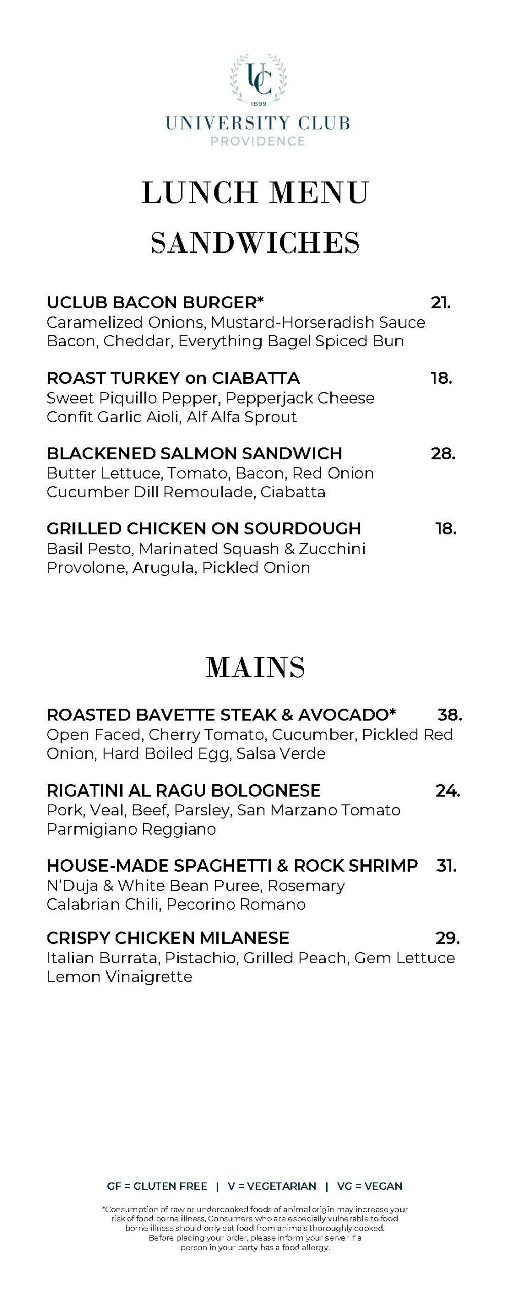 Second Page of University Club September Lunch Menu 2026