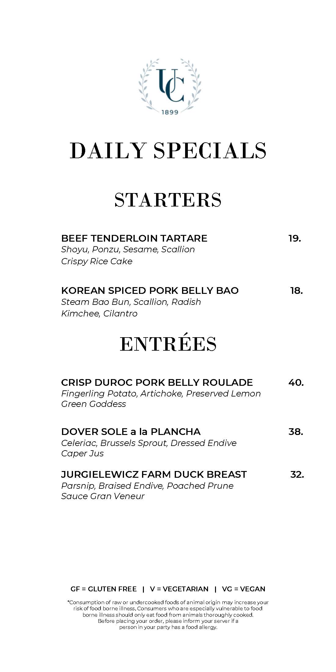 Daily Specials Menu University Club Dinner Menu Page One